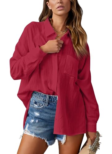 NONSAR Damen Bluse Elegant V-Ausschnitt Hemd Bluse Langarm Causal Lässige Hemden Fahion Oberteile Tunika Elegant Tops mit Tasche(9360M,Weinrot) von NONSAR
