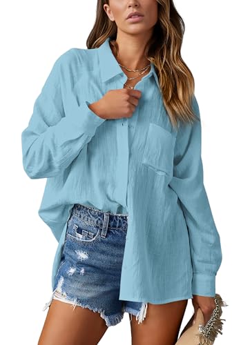 NONSAR Damen Bluse Elegant V-Ausschnitt Hemd Bluse Langarm Causal Lässige Hemden Fahion Oberteile Tunika Elegant Tops mit Tasche(9360XL,Hellblau) von NONSAR