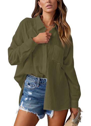 NONSAR Damen Bluse Elegant V-Ausschnitt Hemd Bluse Langarm Causal Lässige Hemden Fahion Oberteile Tunika Elegant Tops mit Tasche(9360XXL,Armeegrün) von NONSAR