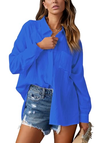 NONSAR Damen Bluse Elegant V-Ausschnitt Hemd Bluse Langarm Causal Lässige Hemden Fahion Oberteile Tunika Elegant Tops mit Tasche(9360XXL,Königsblau) von NONSAR
