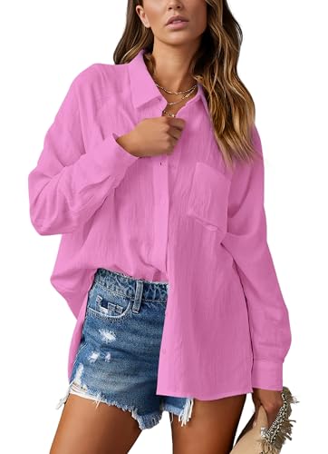 NONSAR Damen Bluse Elegant V-Ausschnitt Hemd Bluse Langarm Causal Lässige Hemden Fahion Oberteile Tunika Elegant Tops mit Tasche(9360XXL,Rosarot) von NONSAR