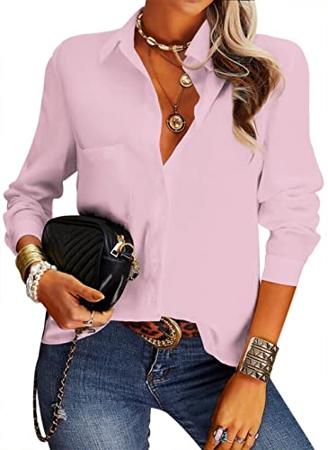 NONSAR Damen Bluse Elegant V-Ausschnitt Hemden Langarm Casual Arbeit Oberteile mit Knöpfen Hemd Lose Langarmshirt Einfarbig Tops(9337L,Rosa) von NONSAR