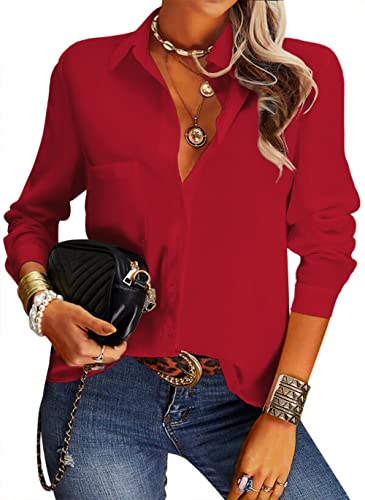 NONSAR Damen Bluse Elegant V-Ausschnitt Hemden Langarm Casual Arbeit Oberteile mit Knöpfen Hemd Lose Langarmshirt Einfarbig Tops（9337M,Rot） von NONSAR