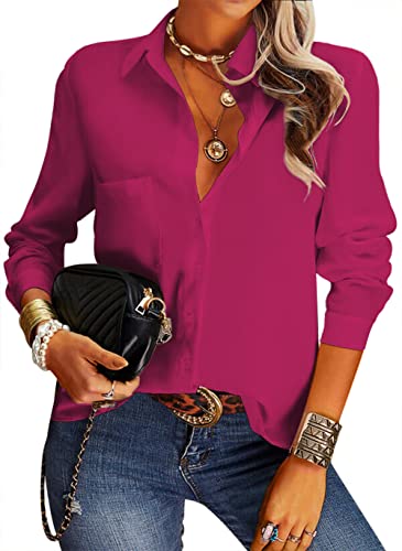 NONSAR Damen Bluse Elegant V-Ausschnitt Hemden Langarm Casual Arbeit Oberteile mit Knöpfen Hemd Lose Langarmshirt Einfarbig Tops（9337XXL,Rosarot） von NONSAR