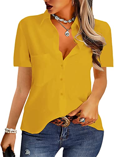 NONSAR Damen Bluse Elegant V-Ausschnitt Hemden Langarm Casual Arbeit Oberteile mit Knöpfen Hemd Lose Langarmshirt Einfarbig Tops (9349L, Gelb-Kurzarm) von NONSAR