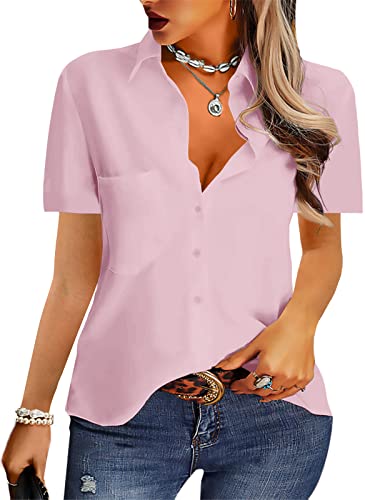 NONSAR Damen Bluse Elegant V-Ausschnitt Hemden Langarm Casual Arbeit Oberteile mit Knöpfen Hemd Lose Langarmshirt Einfarbig Tops (9349XL, Rosa-Kurzarm) von NONSAR