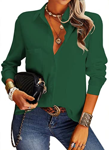 NONSAR Damen Bluse Elegant V-Ausschnitt Hemden Langarm Casual Arbeit Oberteile mit Knöpfen Hemd Lose Langarmshirt Einfarbig Tops (9337L, Dunkelgrün) von NONSAR
