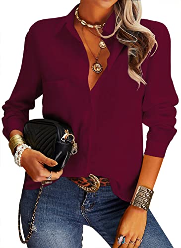 NONSAR Damen Bluse Elegant V-Ausschnitt Hemden Langarm Casual Arbeit Oberteile mit Knöpfen Hemd Lose Langarmshirt Einfarbig Tops (9337L, Weinrot) von NONSAR