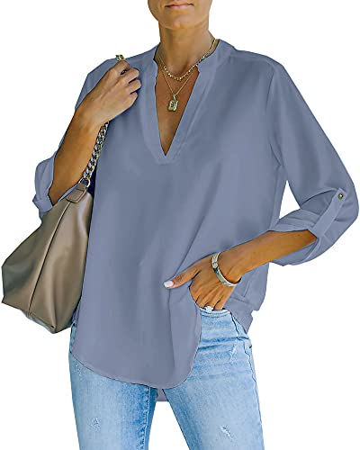 NONSAR Damen Bluse Elegant V-Ausschnitt Henley Hemdbluse Aufrollbaren Ärmeln Locker Blusen Lange Ärmel(9351L,Grau) von NONSAR