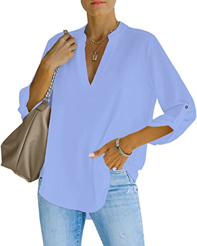 NONSAR Damen Bluse Elegant V-Ausschnitt Henley Hemdbluse Aufrollbaren Ärmeln Locker Blusen Lange Ärmel (9351L,Hellblau) von NONSAR