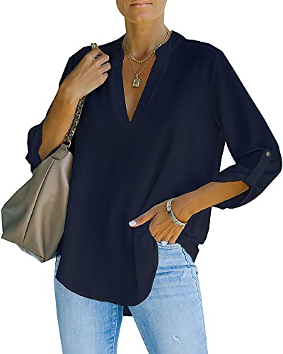 NONSAR Damen Bluse Elegant V-Ausschnitt Henley Hemdbluse Aufrollbaren Ärmeln Locker Blusen(9351XL,Dunkelblau) von NONSAR