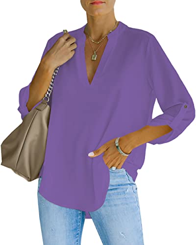 NONSAR Damen Bluse Elegant V-Ausschnitt Henley Hemdbluse Aufrollbaren Ärmeln Locker Blusen(9351XL,Violett) von NONSAR