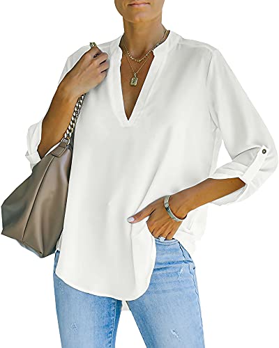 NONSAR Damen Bluse Elegant V-Ausschnitt Henley Hemdbluse Aufrollbaren Ärmeln Locker Blusen(9351XL,Weiß) von NONSAR