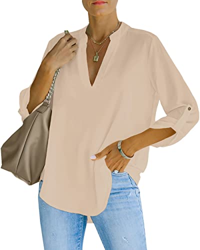 NONSAR Damen Bluse Elegant V-Ausschnitt Henley Hemdbluse Aufrollbaren Ärmeln Locker Blusen Lange Ärmel(9351XXL,Aprikose) von NONSAR