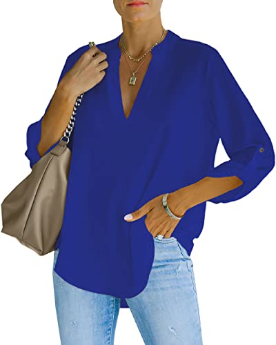 NONSAR Damen Bluse Elegant V-Ausschnitt Henley Hemdbluse Aufrollbaren Ärmeln Locker Blusen Lange Ärmel(9351XXL,Königsblau) von NONSAR