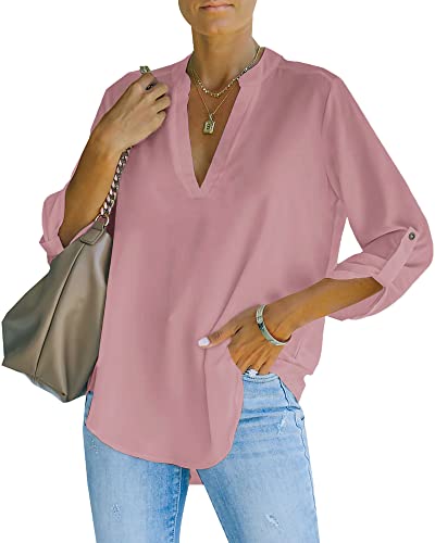 NONSAR Damen Bluse Elegant V-Ausschnitt Henley Hemdbluse Aufrollbaren Ärmeln Locker Blusen Lange Ärmel(9351XXL,Rosa) von NONSAR