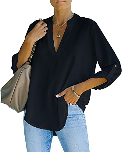 NONSAR Damen Bluse Elegant V-Ausschnitt Henley Hemdbluse Aufrollbaren Ärmeln Locker Blusen Lange Ärmel(9351XXL,Schwarz) von NONSAR