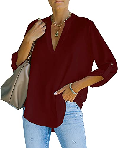 NONSAR Damen Bluse Elegant V-Ausschnitt Henley Hemdbluse Aufrollbaren Ärmeln Locker Blusen(9351XXL,Weinrot) von NONSAR