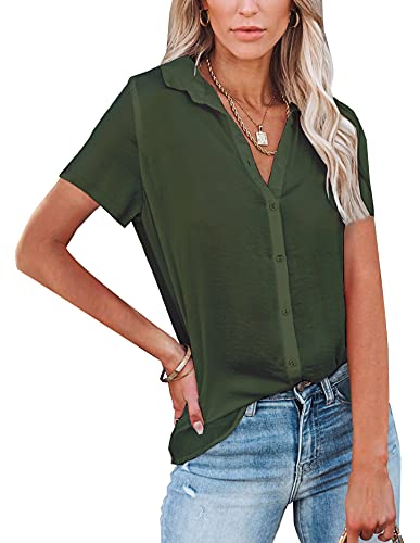 NONSAR Damen Bluse V-Ausschnitt Hemden Elegant Kurze Ärmel Casual Arbeit Oberteile mit Knöpfen Tops Kurze Ärmel Shirt(9342L,Dunkelgrün) von NONSAR