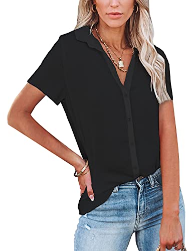 NONSAR Damen Bluse V-Ausschnitt Hemden Elegant Kurze Ärmel Casual Arbeit Oberteile mit Knöpfen Tops Kurze Ärmel Shirt(9342L,Schwarz) von NONSAR