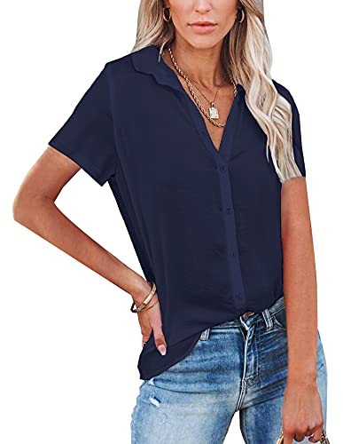 NONSAR Damen Bluse V-Ausschnitt Hemden Elegant Kurze Ärmel Casual Arbeit Oberteile mit Knöpfen Tops Kurze Ärmel Shirt(9342S,Dunkelblau) von NONSAR