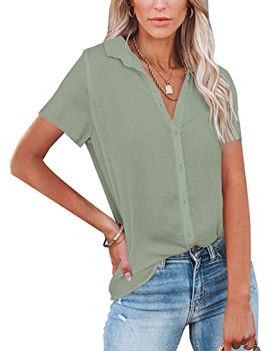 NONSAR Damen Bluse V-Ausschnitt Hemden Elegant Kurze Ärmel Casual Arbeit Oberteile mit Knöpfen Tops Kurze Ärmel Shirt(9342S,Erbsengrün) von NONSAR