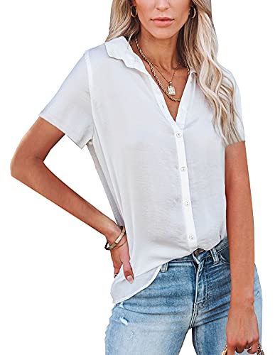NONSAR Damen Bluse V-Ausschnitt Hemden Elegant Kurze Ärmel Casual Arbeit Oberteile mit Knöpfen Tops Kurze Ärmel Shirt(9342S,Weiß) von NONSAR