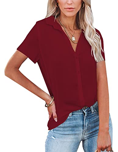 NONSAR Damen Bluse V-Ausschnitt Hemden Elegant Kurze Ärmel Casual Arbeit Oberteile mit Knöpfen Tops Kurze Ärmel Shirt(9342XL,Dunkelrot) von NONSAR