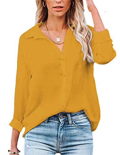 NONSAR Damen Bluse V-Ausschnitt Hemden Elegant Langarm Casual Arbeit Oberteile mit Knöpfen Tops Langarmshirt(9328L,Gelb) von NONSAR