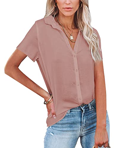 NONSAR Damen Bluse V-Ausschnitt Hemden Elegant Langarm Casual Arbeit Oberteile mit Knöpfen Tops Langarmshirt (9342L, Dunkelpink) von NONSAR