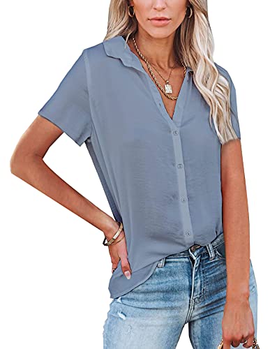 NONSAR Damen Bluse V-Ausschnitt Hemden Elegant Kurze Ärmel Casual Arbeit Oberteile mit Knöpfen Tops Kurze Ärmel Shirt(9342L,Grau) von NONSAR