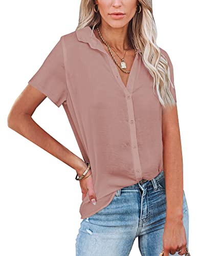 NONSAR Damen Bluse V-Ausschnitt Hemden Elegant Kurze Ärmel Casual Arbeit Oberteile mit Knöpfen Tops Kurze Ärmel Shirt(9342XXL,Dunkelpink) von NONSAR