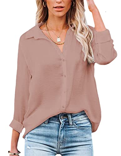 NONSAR Damen Bluse V-Ausschnitt Hemden Elegant Langarm Casual Arbeit Oberteile mit Knöpfen Tops Langarmshirt (L, Dunkelpink) von NONSAR