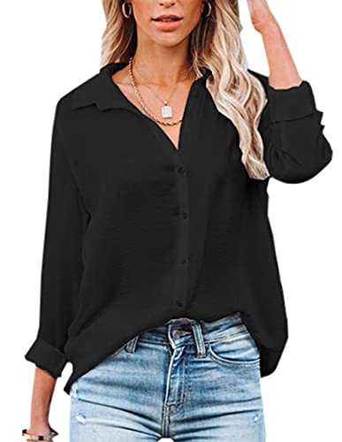 NONSAR Damen Bluse V-Ausschnitt Hemden Elegant Langarm Casual Arbeit Oberteile mit Knöpfen Tops Langarmshirt(9328L,Schwarz) von NONSAR