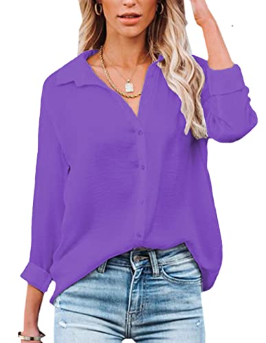 NONSAR Damen Bluse V-Ausschnitt Hemden Elegant Langarm Casual Arbeit Oberteile mit Knöpfen Tops Langarmshirt (L, Violett) von NONSAR