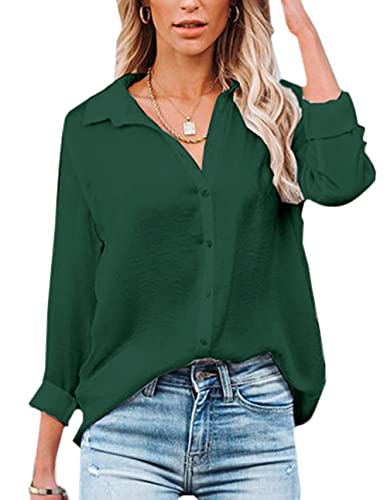 NONSAR Damen Bluse V-Ausschnitt Hemden Elegant Langarm Casual Arbeit Oberteile mit Knöpfen Tops Langarmshirt(9328M,Dunkelgrün) von NONSAR
