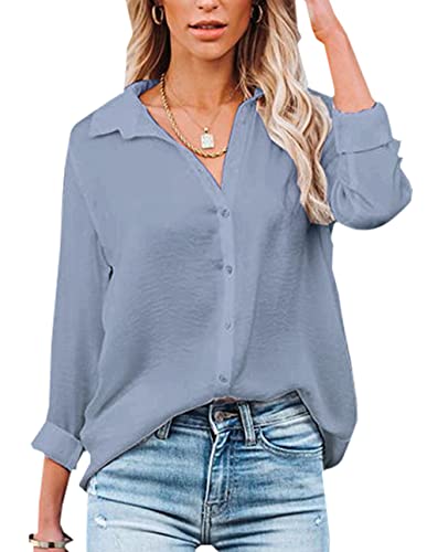 NONSAR Damen Bluse V-Ausschnitt Hemden Elegant Langarm Casual Arbeit Oberteile mit Knöpfen Tops Langarmshirt(9328M,Grau) von NONSAR