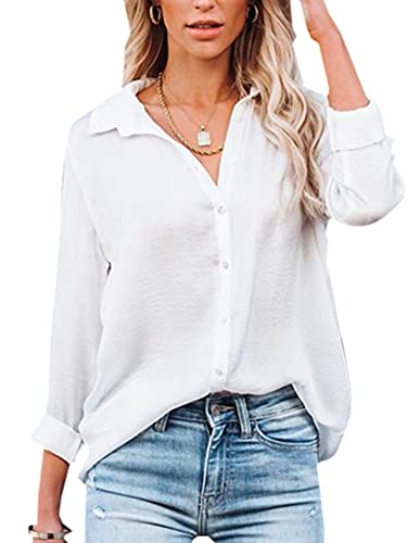 NONSAR Damen Bluse V-Ausschnitt Hemden Elegant Langarm Casual Arbeit Oberteile mit Knöpfen Tops Langarmshirt(9328M,Weiß) von NONSAR