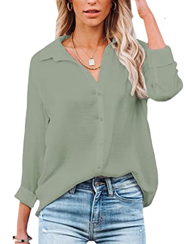 NONSAR Damen Bluse V-Ausschnitt Hemden Elegant Langarm Casual Arbeit Oberteile mit Knöpfen Tops Langarmshirt(9328S,Erbsengrün) von NONSAR