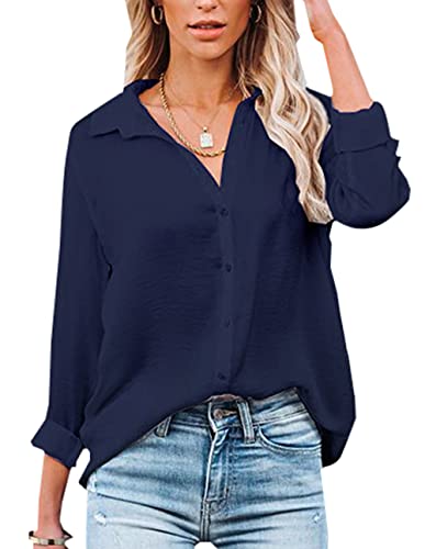 NONSAR Damen Bluse V-Ausschnitt Hemden Elegant Langarm Casual Arbeit Oberteile mit Knöpfen Tops Langarmshirt(9328XL,Dunkelblau) von NONSAR