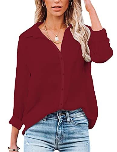 NONSAR Damen Bluse V-Ausschnitt Hemden Elegant Langarm Casual Arbeit Oberteile mit Knöpfen Tops Langarmshirt(9328XXL,Dunkelrot) von NONSAR