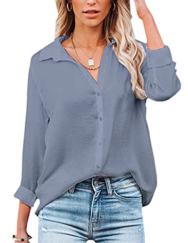 NONSAR Damen Bluse V-Ausschnitt Hemden Elegant Langarm Casual Arbeit Oberteile mit Knöpfen Tops Langarmshirt (XXL, Grau) von NONSAR