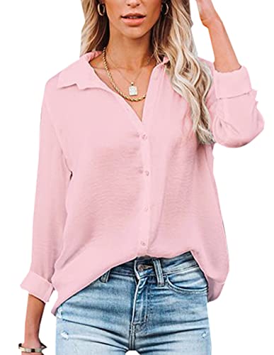 NONSAR Damen Bluse V-Ausschnitt Hemden Elegant Langarm Casual Arbeit Oberteile mit Knöpfen Tops Langarmshirt(9328XXL,Rosa) von NONSAR
