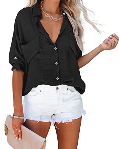NONSAR Damen Bluse mit V-Ausschnitt Lockere Hemdbluse Langarm Hemden Aufrollbaren Ärmeln Lässige Blusen Oberteile (9350XXL, Schwarz) von NONSAR