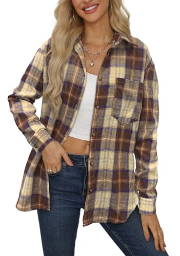 NONSAR Damen Kariertes Hemdbluse Knopfleiste Langarm Oktoberfest Bluse Karo Tunika Casual V-Ausschnitt Oberteile Flanellhemd (DE/NL/SE/PL, Alphanumerisch, M, Regular, Regular, Plaid03-Braun) von NONSAR