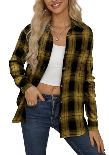 NONSAR Damen Kariertes Hemdbluse Knopfleiste Langarm Oktoberfest Bluse Karo Tunika Casual V-Ausschnitt Oberteile Flanellhemd (DE/NL/SE/PL, Alphanumerisch, M, Regular, Regular, Plaid04-Gelb) von NONSAR