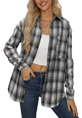 NONSAR Damen Kariertes Hemdbluse Knopfleiste Langarm Oktoberfest Bluse Karo Tunika Casual V-Ausschnitt Oberteile Flanellhemd (DE/NL/SE/PL, Alphanumerisch, XXL, Regular, Regular, Plaid02-Schwarz) von NONSAR