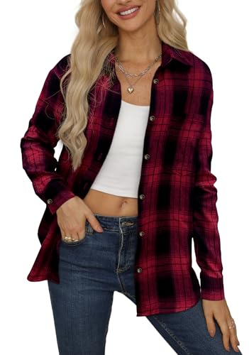NONSAR Damen Kariertes Hemdbluse Knopfleiste Langarm Oktoberfest Bluse Karo Tunika Casual V-Ausschnitt Oberteile Flanellhemd (DE/NL/SE/PL, Alphanumerisch, XXL, Regular, Regular, Plaid04-Rot) von NONSAR