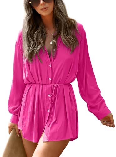 NONSAR Damen Longbluse mit V-Ausschnitt Blusen Langarm Shirt Zweiteiler Sommer Elegant Einfarbig Bluse+Shorts 2 Teiler Set(9361L,Rosarot) von NONSAR