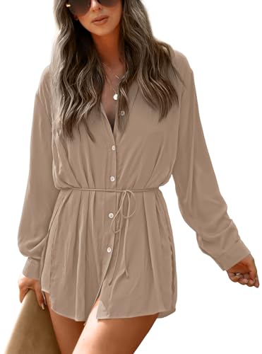 NONSAR Damen Longbluse mit V-ausschnitt Blusen Langarm Shirt Zweiteiler Sommer Elegant Einfarbig Bluse+Shorts 2 Teiler Set(9361M,Khaki) von NONSAR